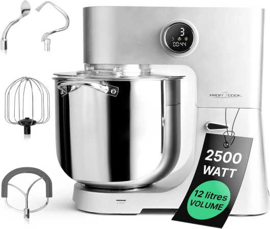 Profi Cook Robot de cuisine avec bol XXL de 12 L - Pétrin avec moteur Longlife Pro de 2500W - Boîte de vitesses en métal et écran LED - Robot culinaire pour jusqu'à 8,5 kg de pâte - PC KM 1254