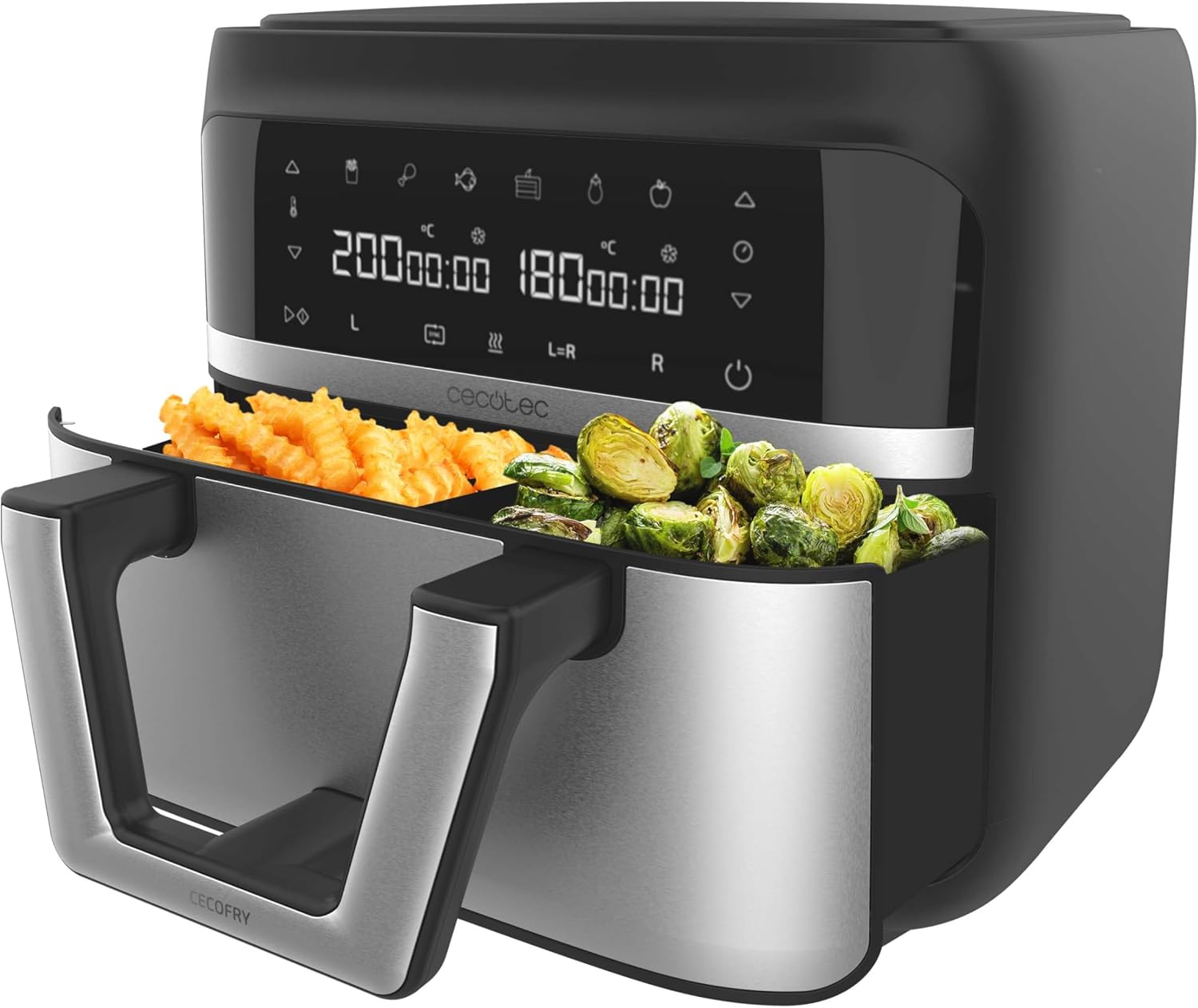 Friteuse à Air sans Huile - 9L Séparable en 2 - Air Fryer Cecofry Dual 9000, 2850W, Diététique et Digitale, Panneau Tactile, Température Double et Réglable, 6 Modes, Technologie PerfectCook 9L Acier
