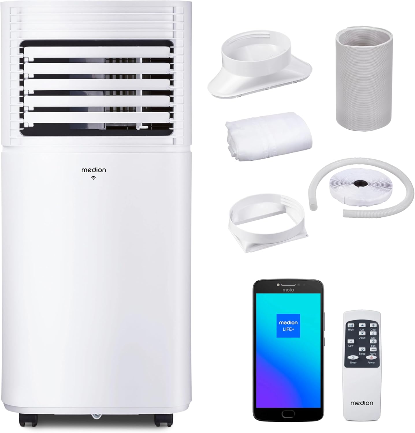 Smart Climatiseur Mobile P701 (7000 BTU, 3-en-1, Refroidir, Déshumidification, Ventilation, jusqu'à 25m², kit de joint de fenêtre, mode sommeil, contrôle Wifi, Télécommande, Écran, MD 37672) Wifi + Télécommande 7.000 BTU