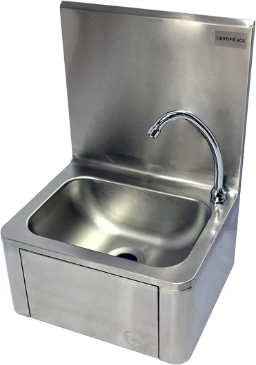 Lave-Mains Adossé à Commande Fémorale (Au Genou) - Petit Evier Inox avec Mitigeur Eau Chaude/Eau Froide - Montage Mural - 40 x 34 x 56 cm Commande Femorale