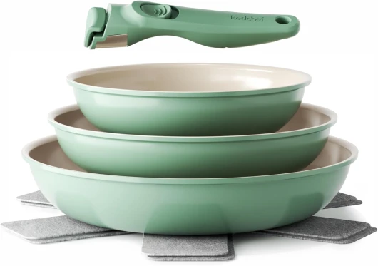 Lot de poêles et poêles en céramique avec poignée amovible et anti-adhésives 20/24/28 cm pour le camping, sans PTFE, sans PFOA, peu encombrantes, passent au lave-vaisselle (vert) RSA202428K325-GC