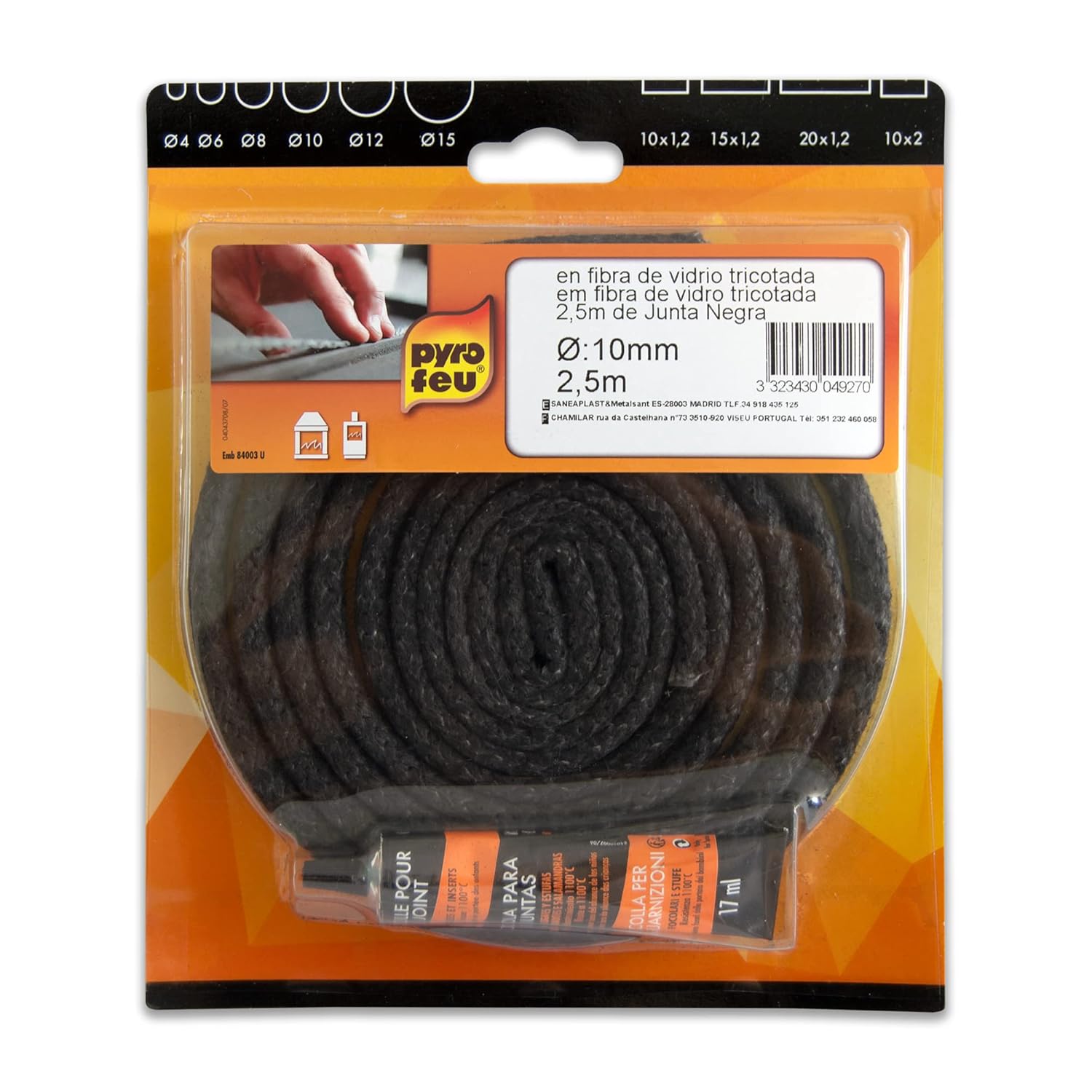 Joint Noir en Fibre de Verre - Diamètre 10, 2m50 - Résiste à 500°C - Fabrication Française - Tube de Colle 17ml Inclus Ø 10