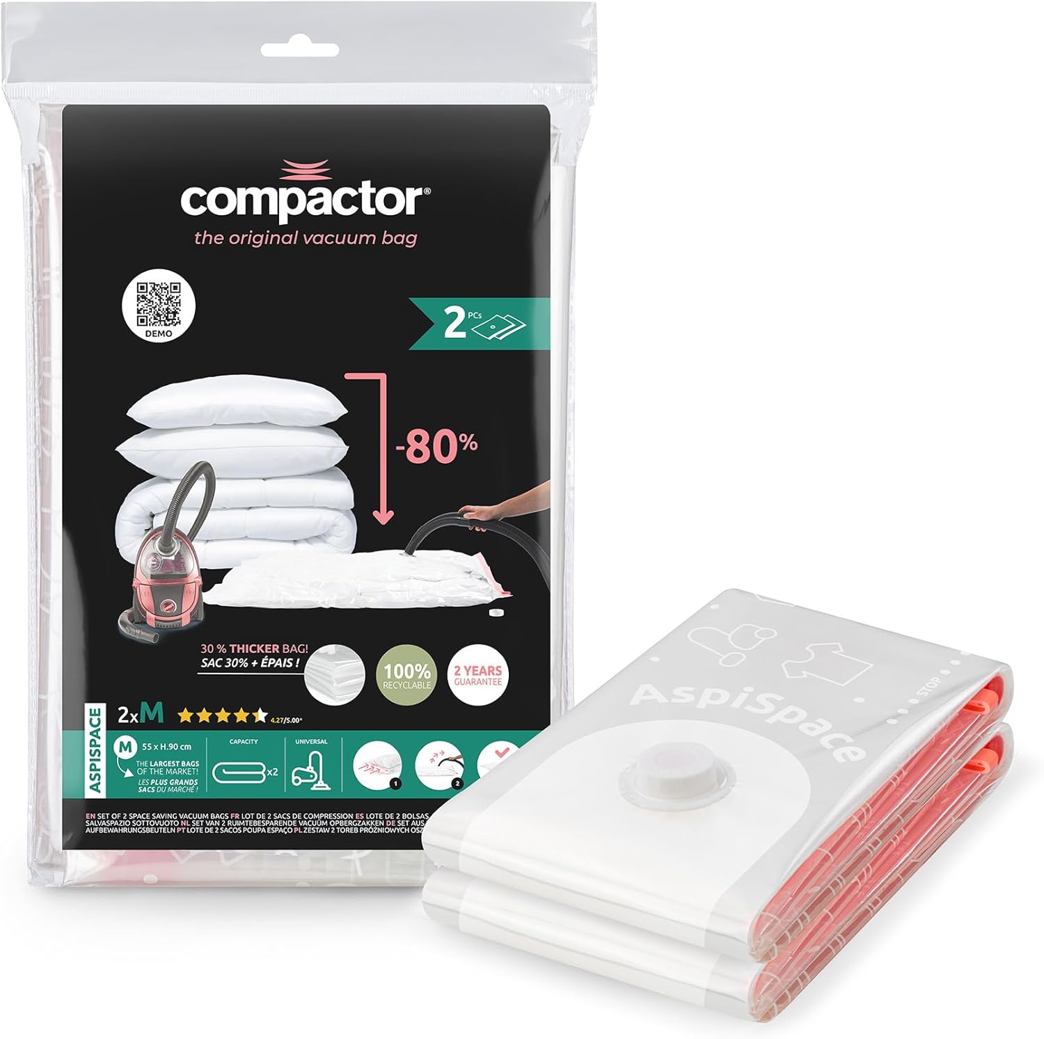 Lot de 2 sacs de rangement sous vide Taille M 90 x 55 cm - Rangement sous vide pour vêtements, oreillers Lot de 2 M