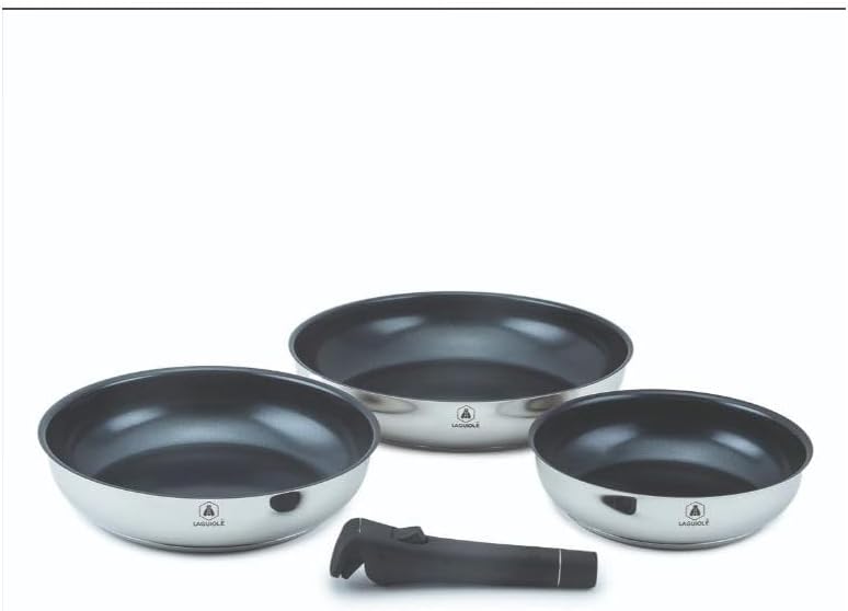 , Ensemble de 3 poêles amovibles en inox, compatibles Tous Feux, Induction, 100% Fonte, 20/24/28 cm, capacité 1,25/1,80/2,50 L, design empilable, Argent Agent Set de 3 Poêles