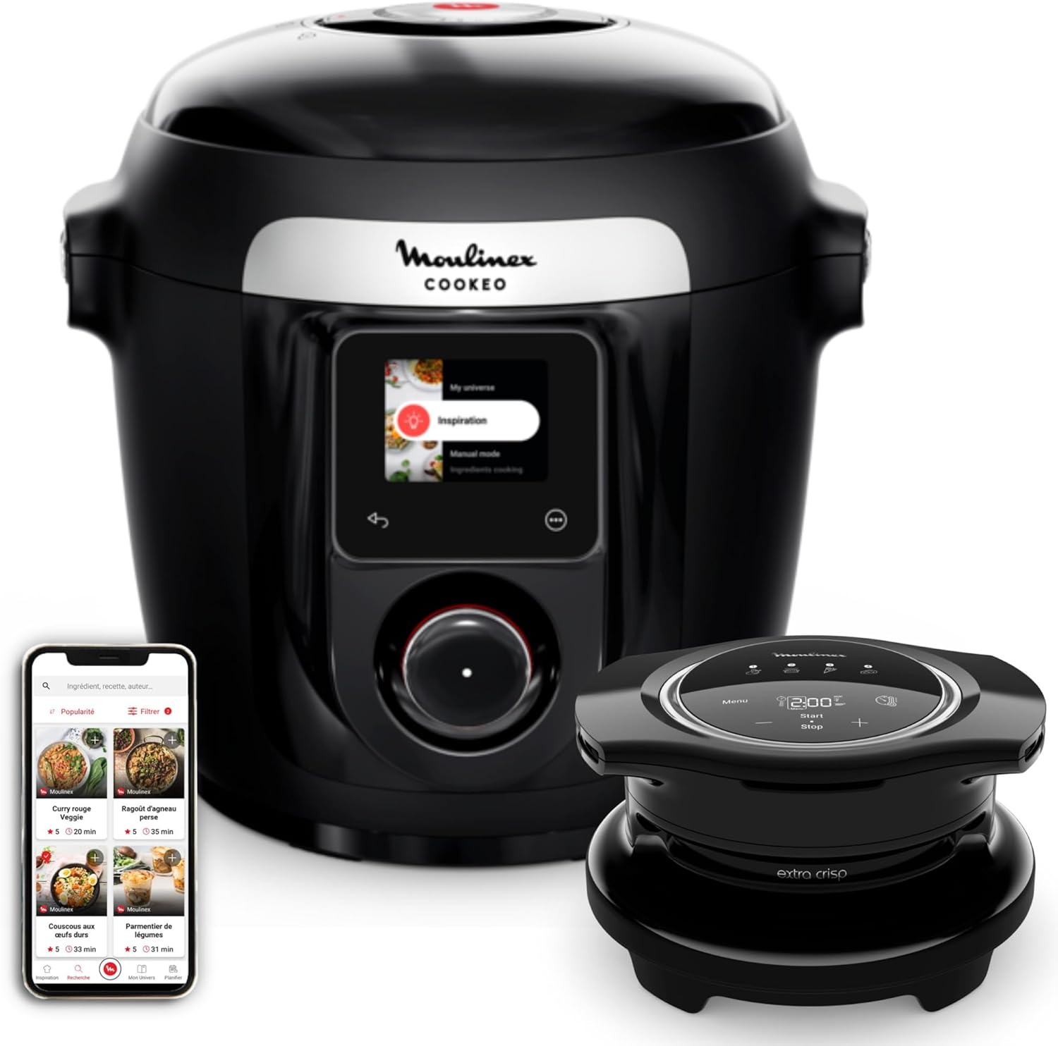 Cookeo Wi-Fi avec Extra Crisp, Multicuiseur, 14modes de cuisson, Cuisson sous pression, Air fryer, Recettes faciles pas à pas, CE96X8F0, Noir Noir 10 modes de cuisson + air fryer
