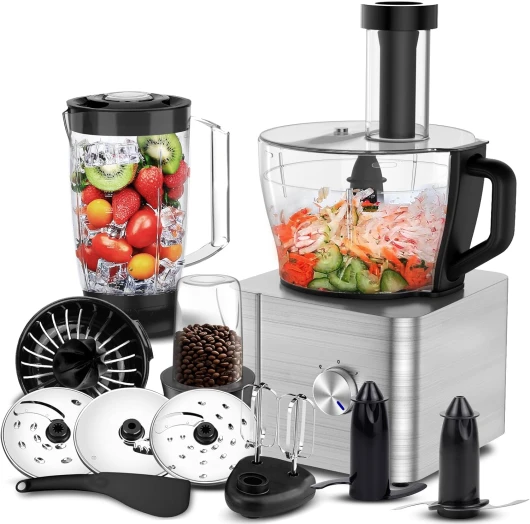 Robot Cuisine Multifonctions, 1100 W Robot Culinaire, Bol Mélangeur 3.2 L, Hachoir Multifonction, Mixeur 1.5 L, Moulin à café, Argent