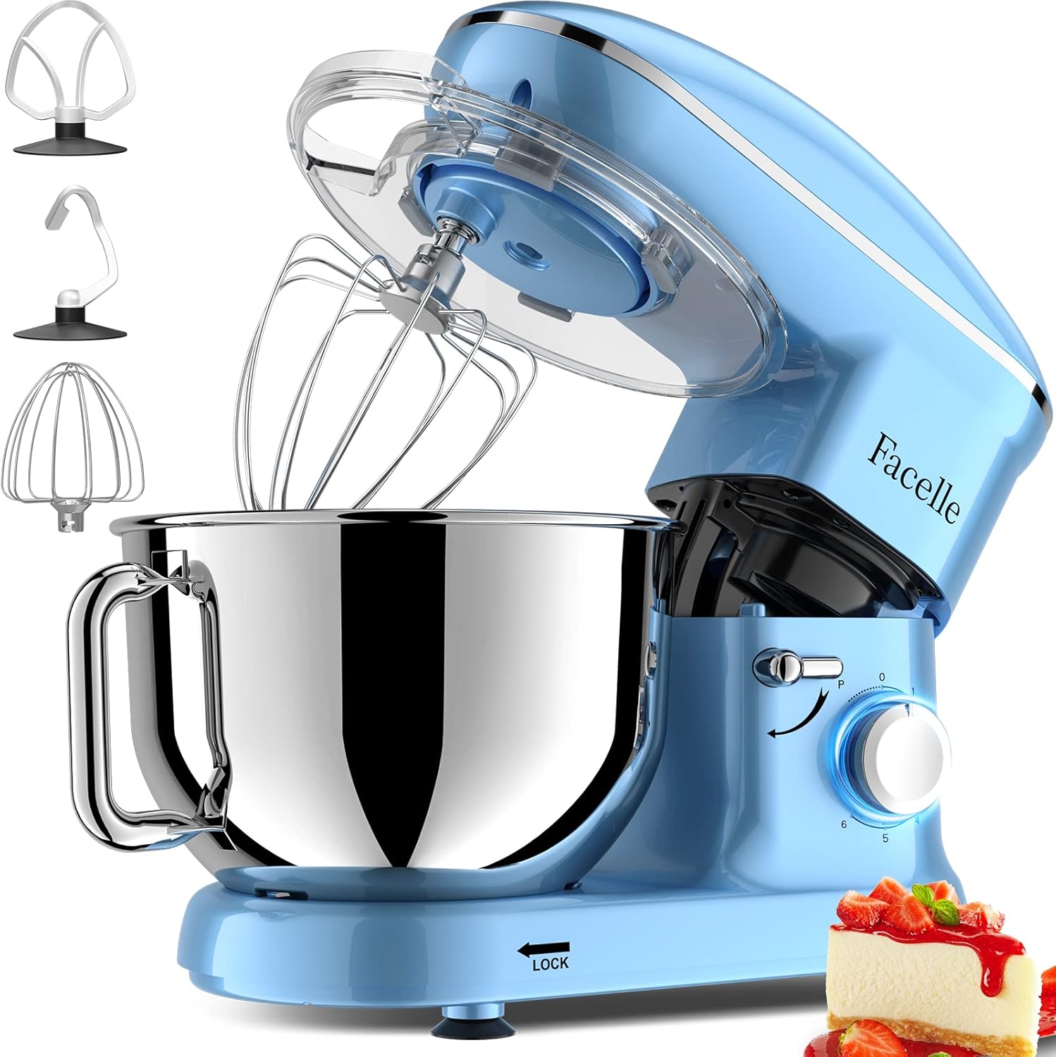 Robot Pâtissier 1500W Facelle Petit électroménager 6,2L,avec Crochet Pétrisseur,Batteur,Fouet à Fil,protection contre les éclaboussures,pour la cuisson,les gâteaux(Bleu)