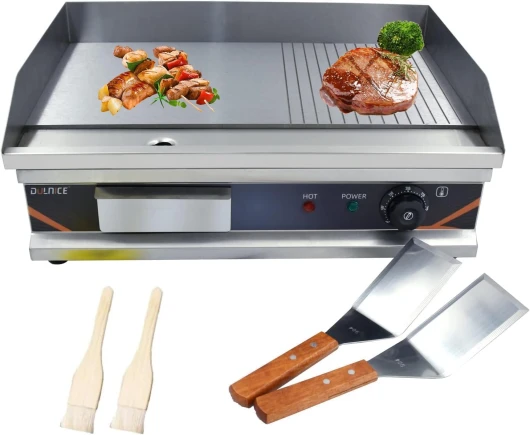 DULNICE Plancha électrique professionnelle inox 3000W Commerciale Plancha de Cuisson,Surface de Cuisson Lisse + Rainurée 220-240V Lisse & Rainures