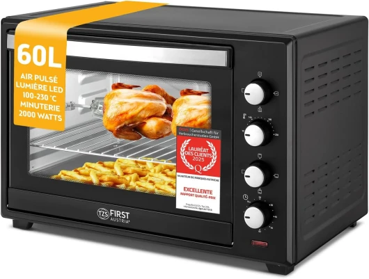 TZS First Austria Mini-four 60 l I 2000 W I Convection + Rôtisserie I 4 éléments chauffants I Plage de température jusqu'à 230 °C I Minuterie 60 min I Inox I Noir