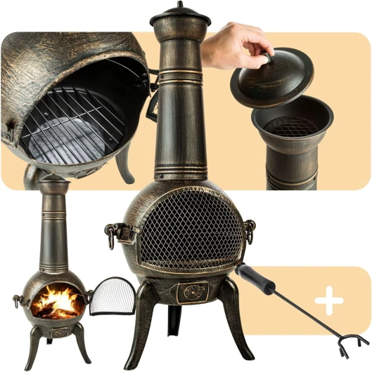 ® Brasero Exterieur Poêle en Fonte Chauffage au Bois Cheminée de terrasse extérieure Style Antique avec Porte grillagée & tisonnier 44 x 52 x 115 cm pour Aménagement Salon de Jardin Exterieur