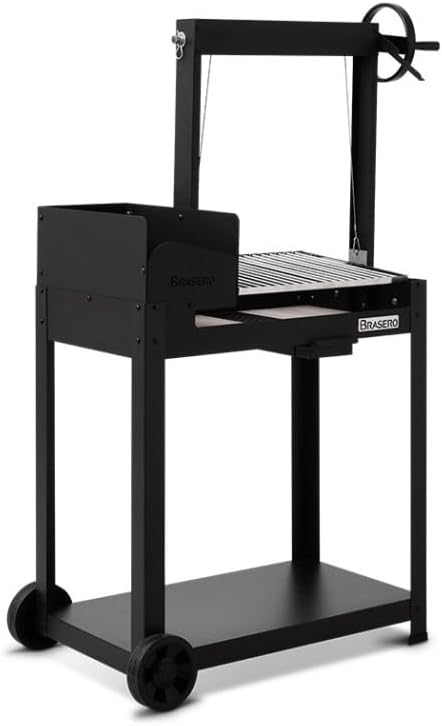 Barbecue Charbon et Bois Salamanca - Grille Ronde en Acier chromé de 40,5 x 49 cm réglable en Hauteur - Grill à manivelle - Poignée - Bac à Charbon - Tablette inférieure, Noir