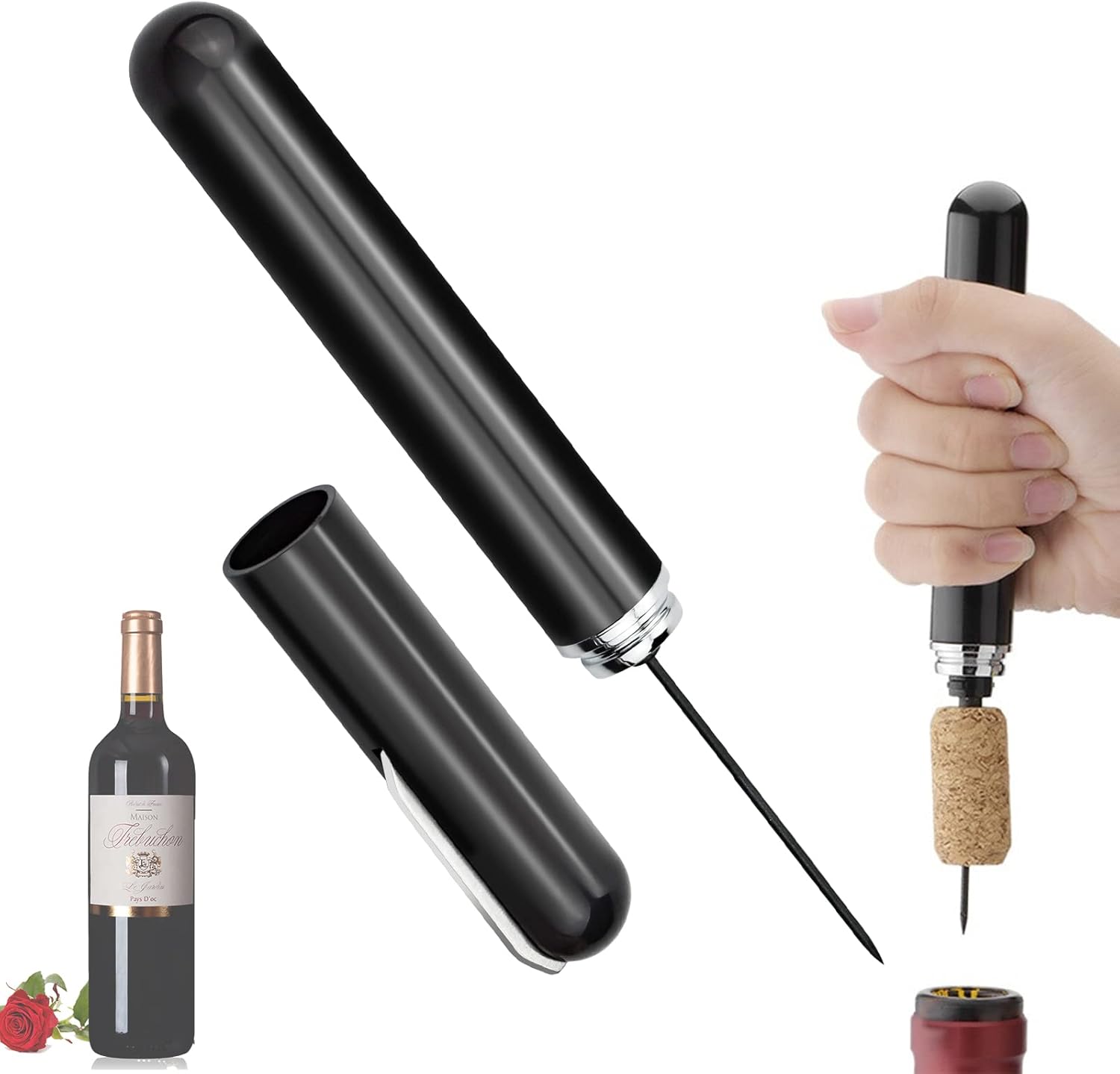 Tire-Bouchon à Pression d'Air 7S Cork Pops Out - Pompe à Air Comprimé Avec Coupe-capsule - Ouverture de Bouteille Portable Pour Bouchon de Vin - Accessoire