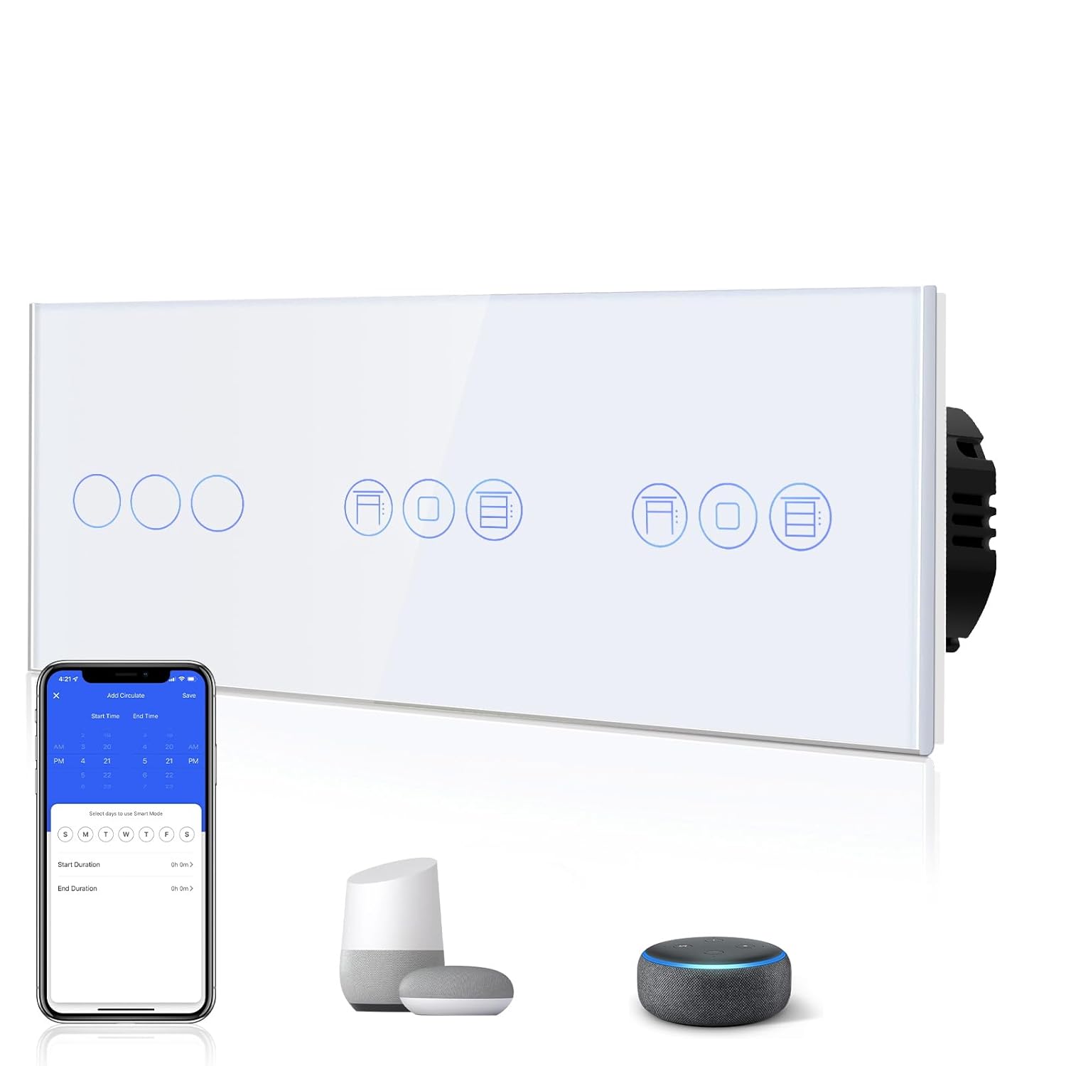 Interrupteur Tactile Wi-Fi Intelligent 3 Boutons avec Double Interupteur pour store enrouleur, Interrupteur Mural en Verre, Compatible avec Alexa/Google, Blanc 3 Gang+2*Roulant-228mm Blanc