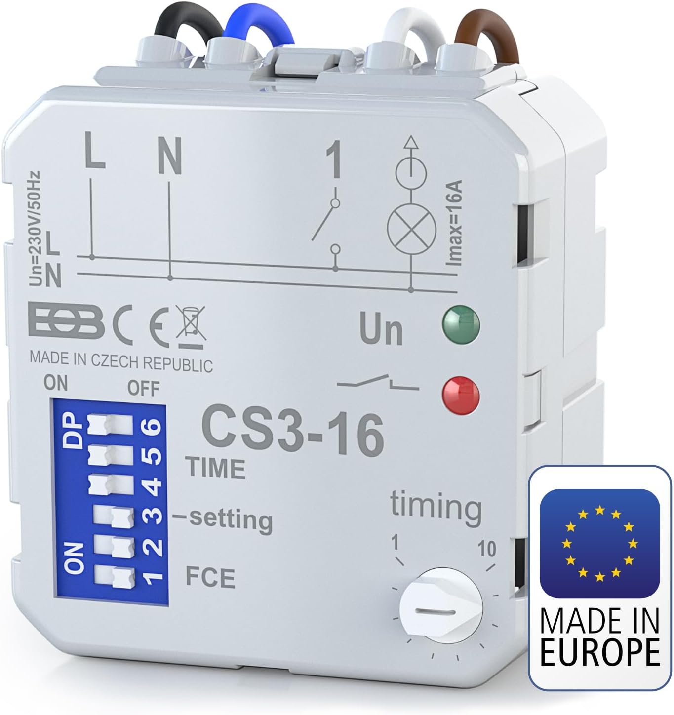 ELEKTROBOCK CS3-16 Interrupteur temporisé- Relais temporisé 230 V 16 A - Relais Multifonctionnel avec 8 Fonctions - Commande de Ventilateurs et de Pompes de Circulation