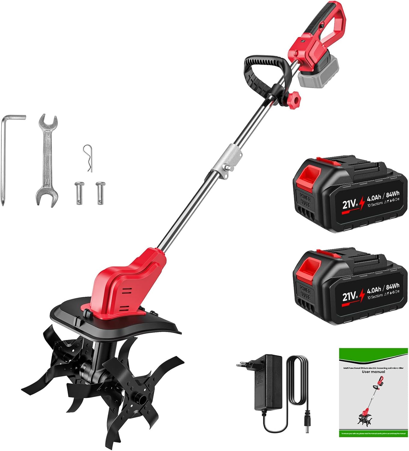 Motobineuse Électrique, 21V Motoculteur Électrique sans Fil avec 2 × 4.0Ah Batterie, Trois Types de Lames, Interrupteur à Double Sécurité, 30CM Largeur et 22CM Profondeur, pour Jardinage et Cultivate