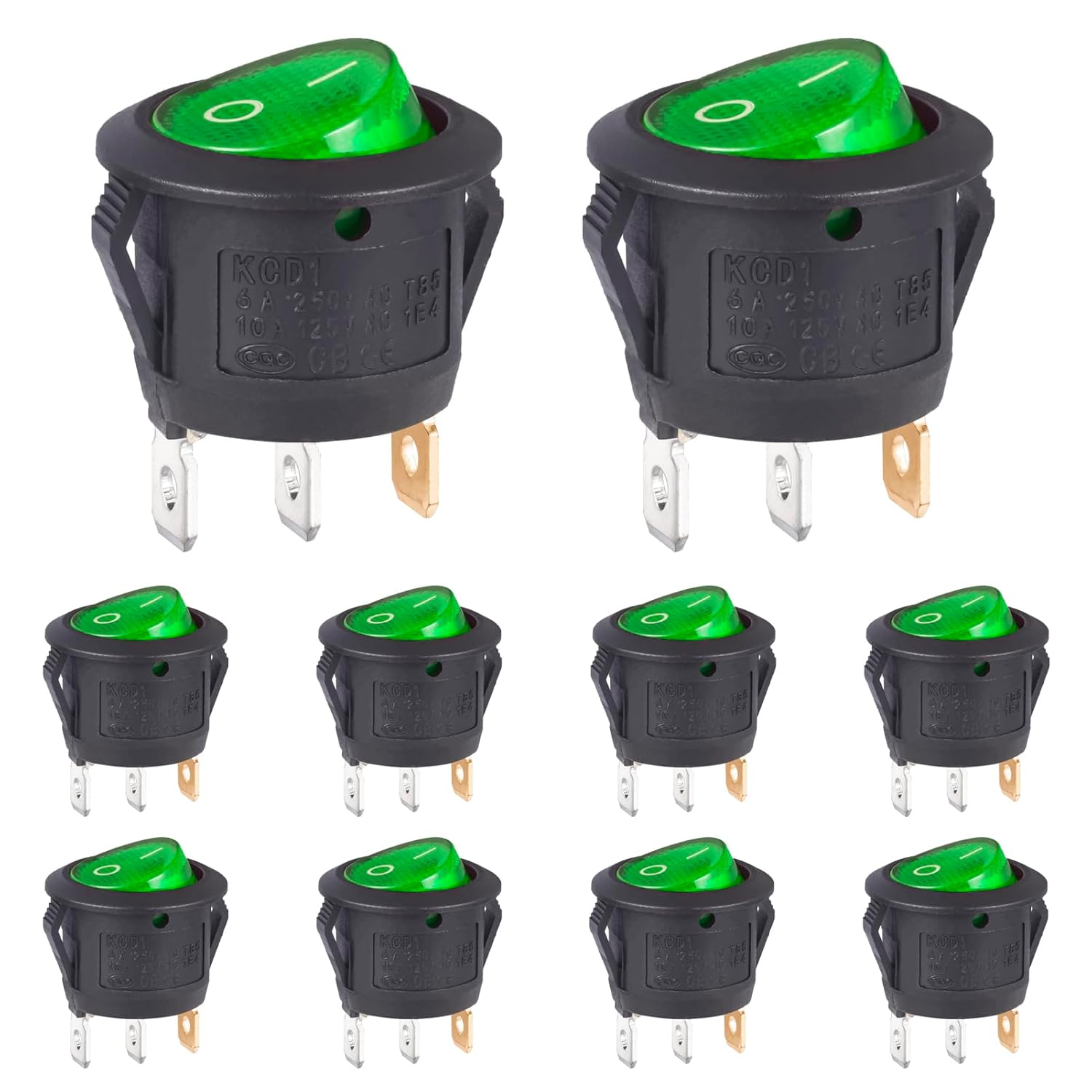VEXUNGA Interrupteur a Bascule Rond Interrupteurs à bascule ON/OFF Commutateur 2Positions 3Broches Bouton 6A 250V 10A 125V Marche Arret Lumière Verte pour Voiture Camion Bateau (10 Pièces) 3 pôles - lumière verte