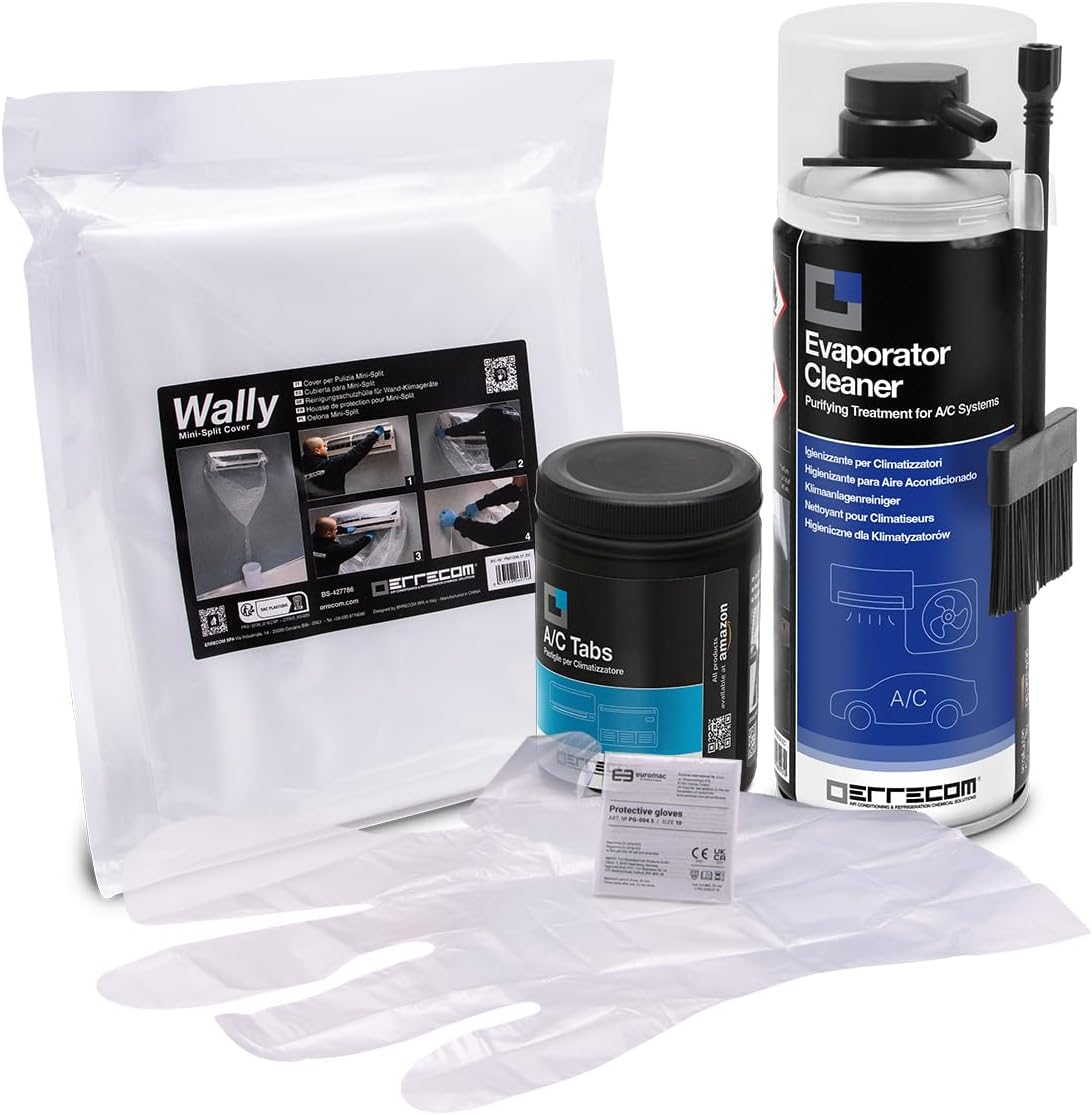 Kit nettoyage climatisation, contient Evaporator Cleaner PRO nettoyant climatiseur+brosse poils durs, housse de protection Wally, A/C Tabs 40 tablettes climatiseur à action prolongée, gants