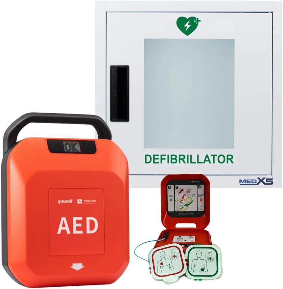 Primedic HeartSave YA Défibrillateur & Boîtier mural métallique, pour amateurs et professionnels, avec décharge automatique, garantie du fabricant de 8 ans, Langues: Anglais/Français