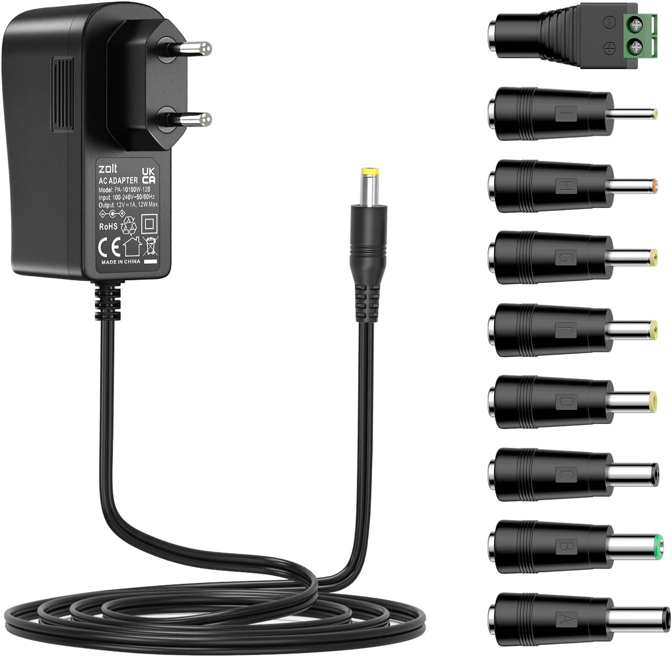Zolt Alimentation 12V 1A, Transformateur d'adaptateur de Courant AC DC Universel avec 9 fiches DC pour 12V électronique, 1000mA Max.