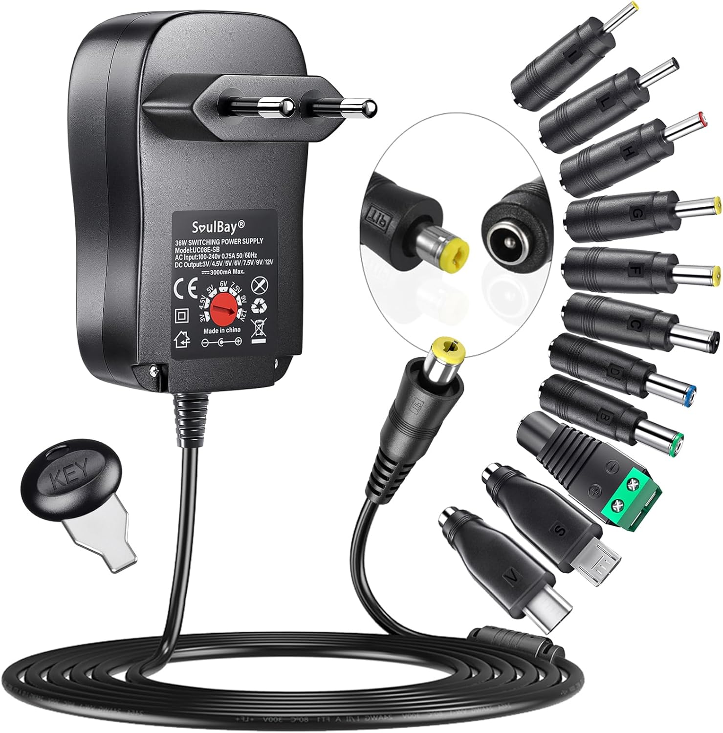 36W Adaptateur Universel AC/DC 12V / 9V / 7.5V / 6V / 5V / 4.5V / 3V Chargeur Bloc d'alimentation Transformateur avec 11 Conseils CC pour 3V-12V Electronics Ménages, 3000mA Max