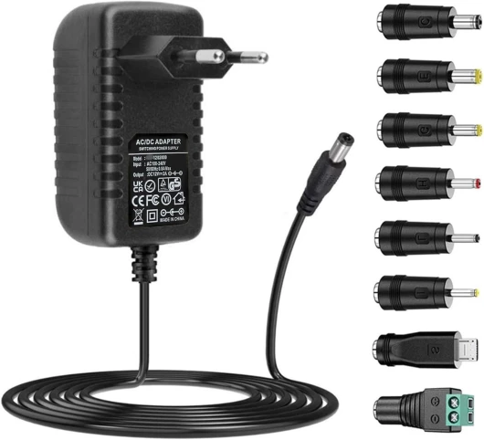 Adaptateur Secteur 12V 2A Alimentation AC220V 230V vers DC12V Pilote 5.5mm avec 8 adaptateurs de Prise 2000mA 1000mA 500mA convertisseur Chargeur AC-DC (~2A) DC12V~2A