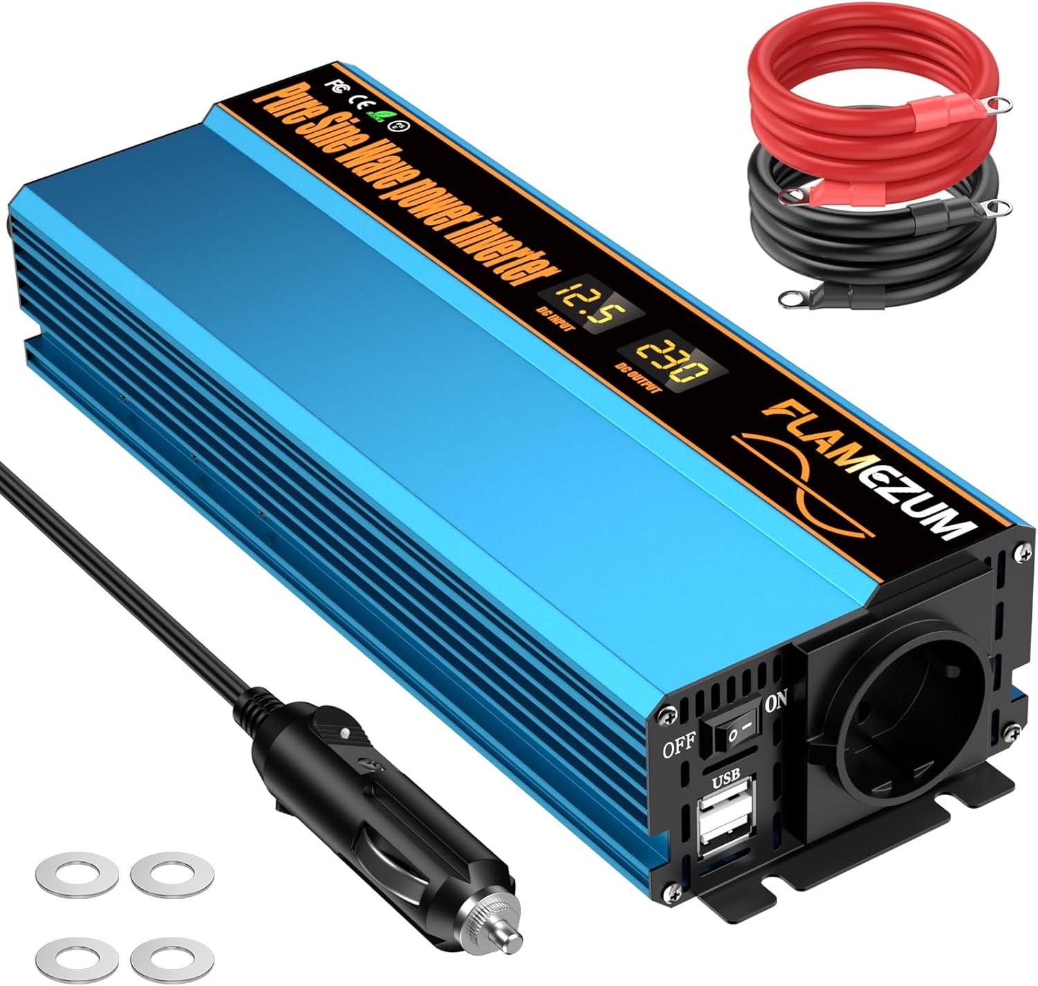 1000W Convertisseur Pur Sinus DC 12V à AC 230V Onduleur Transformateur de Tension Port USB 3.4A, 1 Prises AC Camion avec Allume Cigare Electrique 1000W-12V