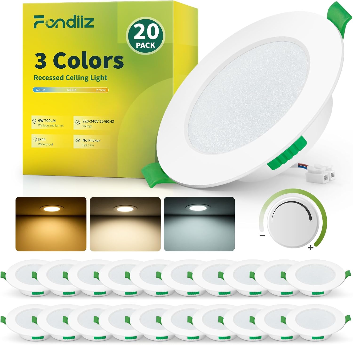 Lot de 20 Spot LED Encastrable Dimmable, 6W 700LM Spot LED Extra Plat Blanc Chaud 2700K Blanc Neutre 4000K Blanc Froid 6000K Réglable, Spot Salle De Bain Ip44 pour Salon Cuisine, Rond