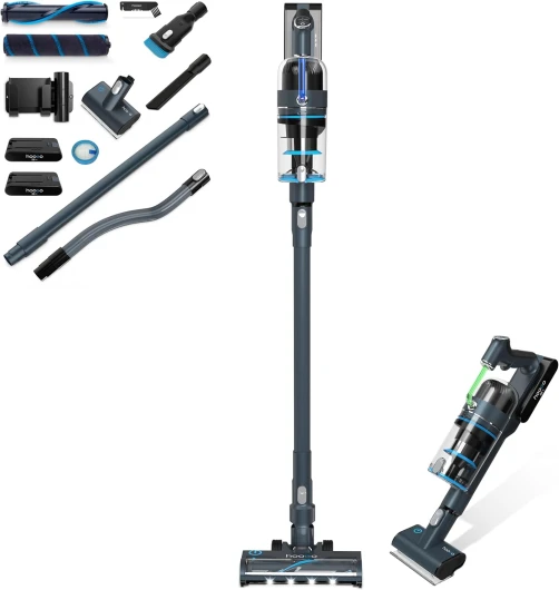 Hoogo Aspirateur sans fil S6+ 2en1 - Sans sac sans fil - Autonomie jusqu'à 100 min - Aspirateur à main - Avec 2 piles interchangeables - Idéal pour les poils d'animaux - Éclairage LED
