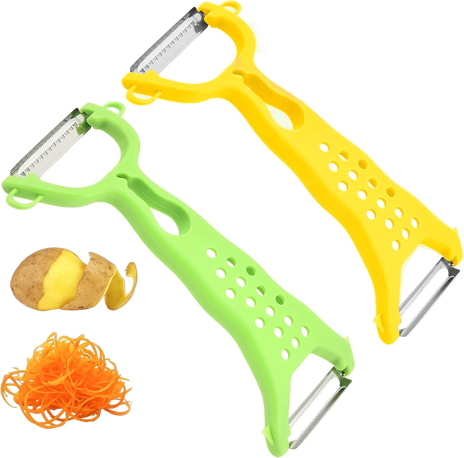 Veggieglide- Râpe Légumes Double Face, Éplucheur Double Fonction en Acier Inoxydable, 2 en 1 pour Éplucher et Râper, Éplucheur à Fruits et Légumes avec Poignée Ergonomique (2 PCS) 2 PCS / Vert + Jaune
