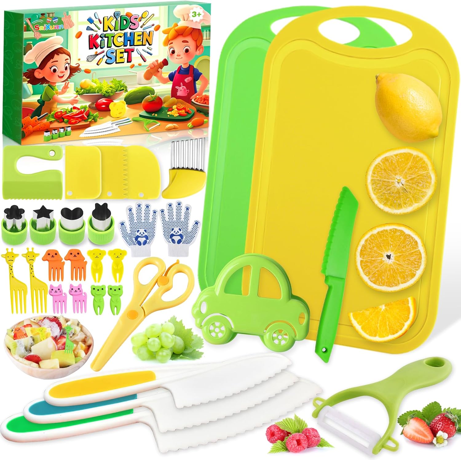 TEBOKHAD 28 Pièces Couteau Enfant pour Cuisine, Couteaux De Cuisine pour Enfants, pour Couper, Cuisiner, Fruits, avec Couteau en Bois, Planche à Découper, éplucheur pour Les Enfants à Partir De 2 Ans