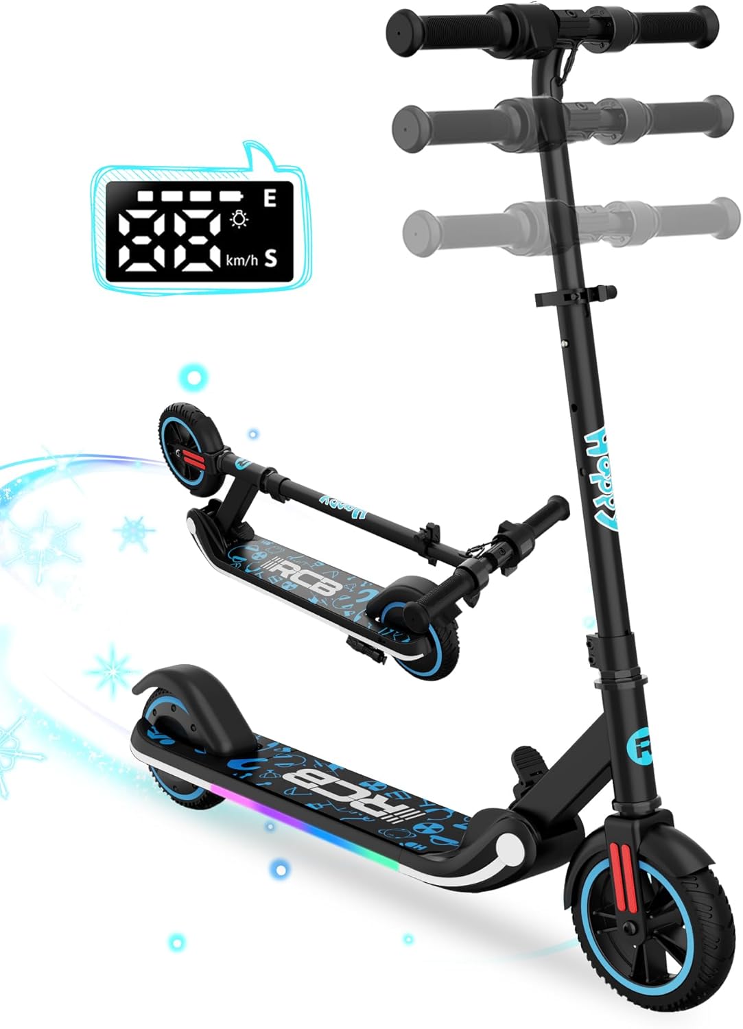 Trottinette électrique Enfant 6-12 Ans, Moteur 150W - Max 16Km/h - Lumière Arc-en-Ciel - Pliable - Affichage LED - Vitesse et Hauteur Réglables, Cadeau pour Enfants et Adolescents Noir