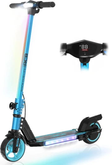 R12 Trottinette électrique Enfant âge 6-12 Ans,jusqu'à 15 km/h & 10 km, 6,5" Pliable Trottinette Electrique, Deux Types Freins, Lumières colorées, écran LED, Cadeau pour Enfant BLEU