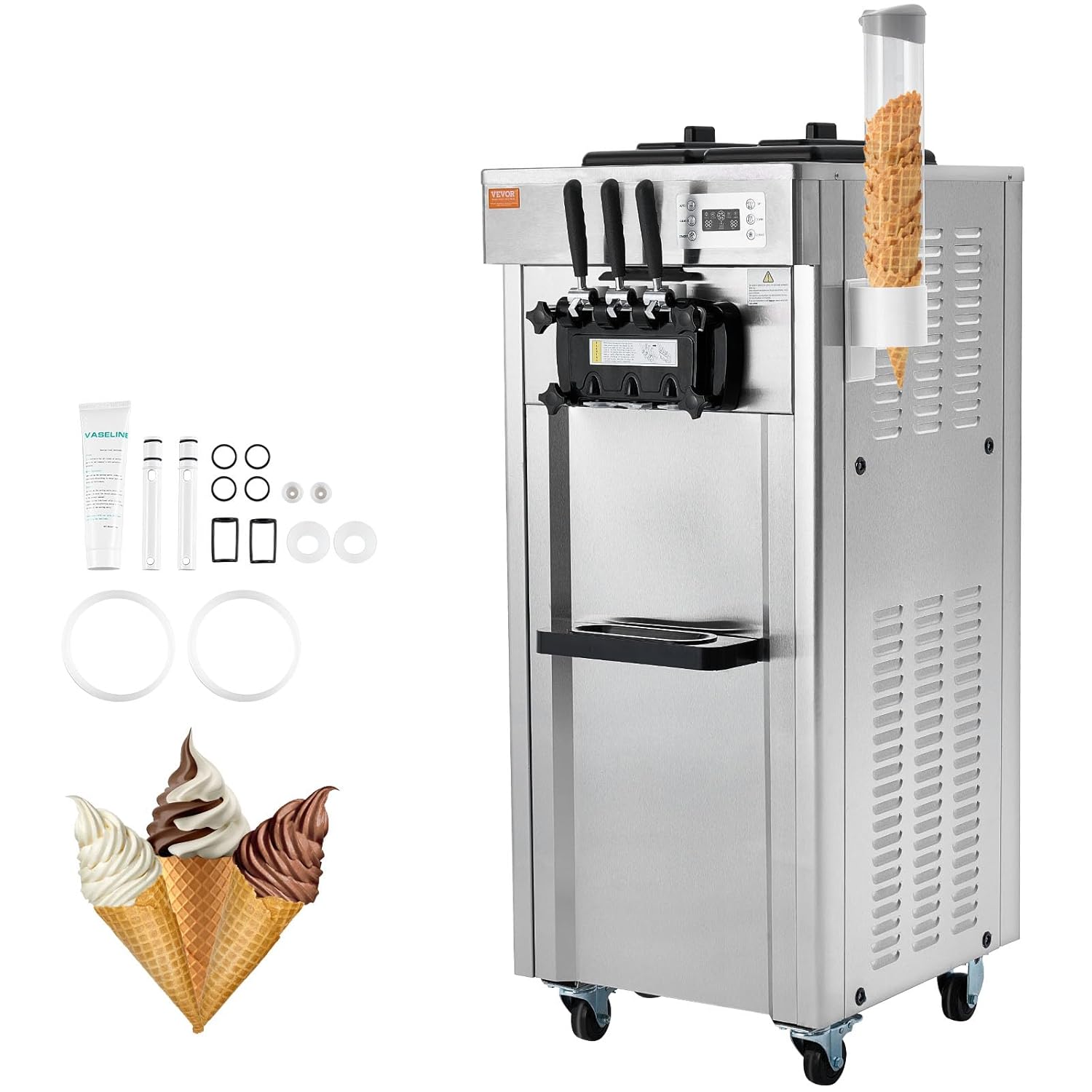 Machine à Crème Glacée Commerciale 21-31 L/h 1670 W 3 Saveurs, Machine à Glace Italienne Trémie 2x4,3 L, Panneau LED à Nettoyage Automatique, Réfrigération de Nuit, pour Yaourt Café Snack-Bar