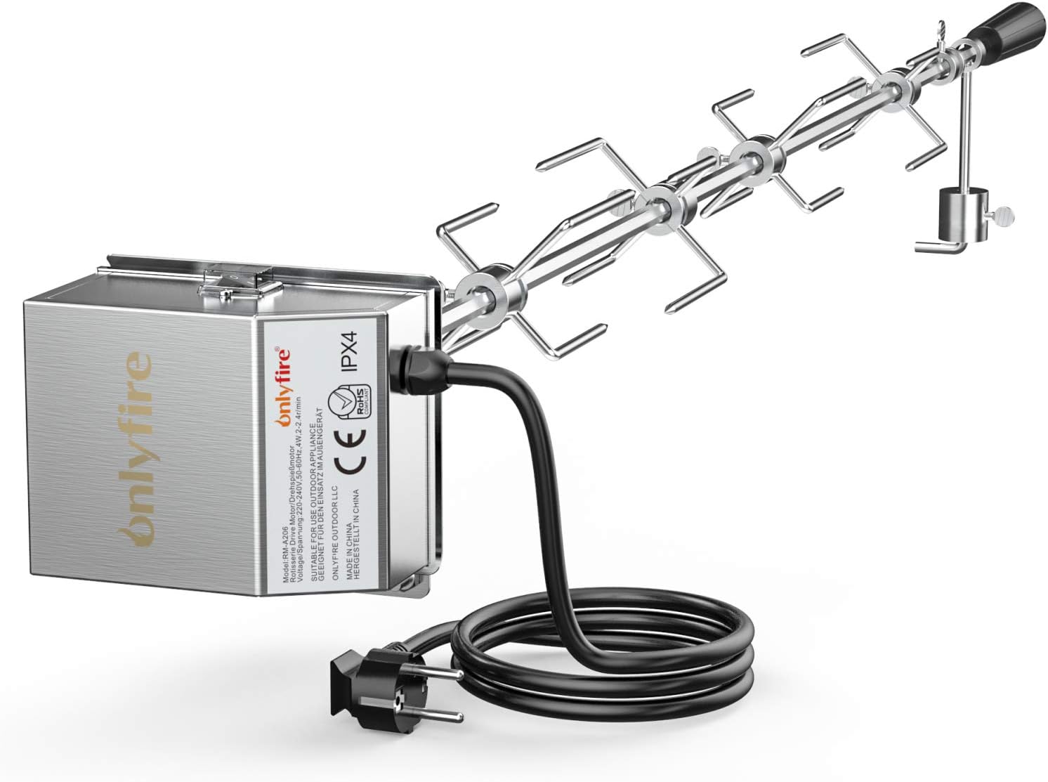 Universel Barbecue Rôtisserie Set 120 cm hexagone 9x9mm tournebroche + 4 x brochettes Aiguilles et Moteur en Acier Inoxydable, 220 V - 240 V 120cm, hexagone 9x9mm