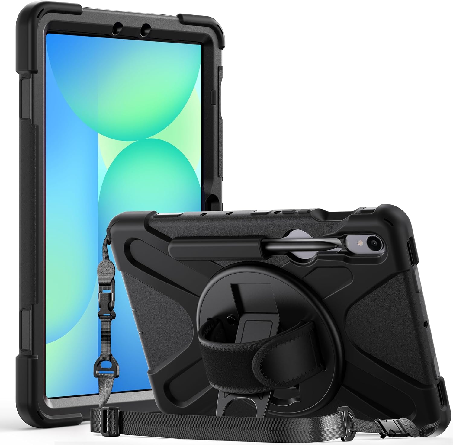 Gerutek Coque Antichoc pour Samsung Galaxy Tab S10 FE 2025/Tab S9 FE 2023 10.9"/Tab S9/S8/S7 (11 Pouces), Étui Robuste avec Support Rotatif à 360°, Dragonne et Bandoulière Réglable, Porte-Stylet, Noir Tab S10 FE/S9 FE/S9/S8/S7 11" Noir