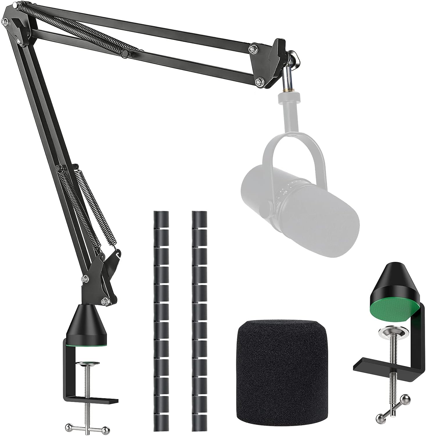 MV7/MV7+ Bras Micro avec Bonnette en Mousse – MV7X Support Micro Robuste avec Filtre Anti-Pop en Mousse Micro Compatible avec Shure MV7/MV7+, Pied Micro Pince de Perche Micro pour MV7X