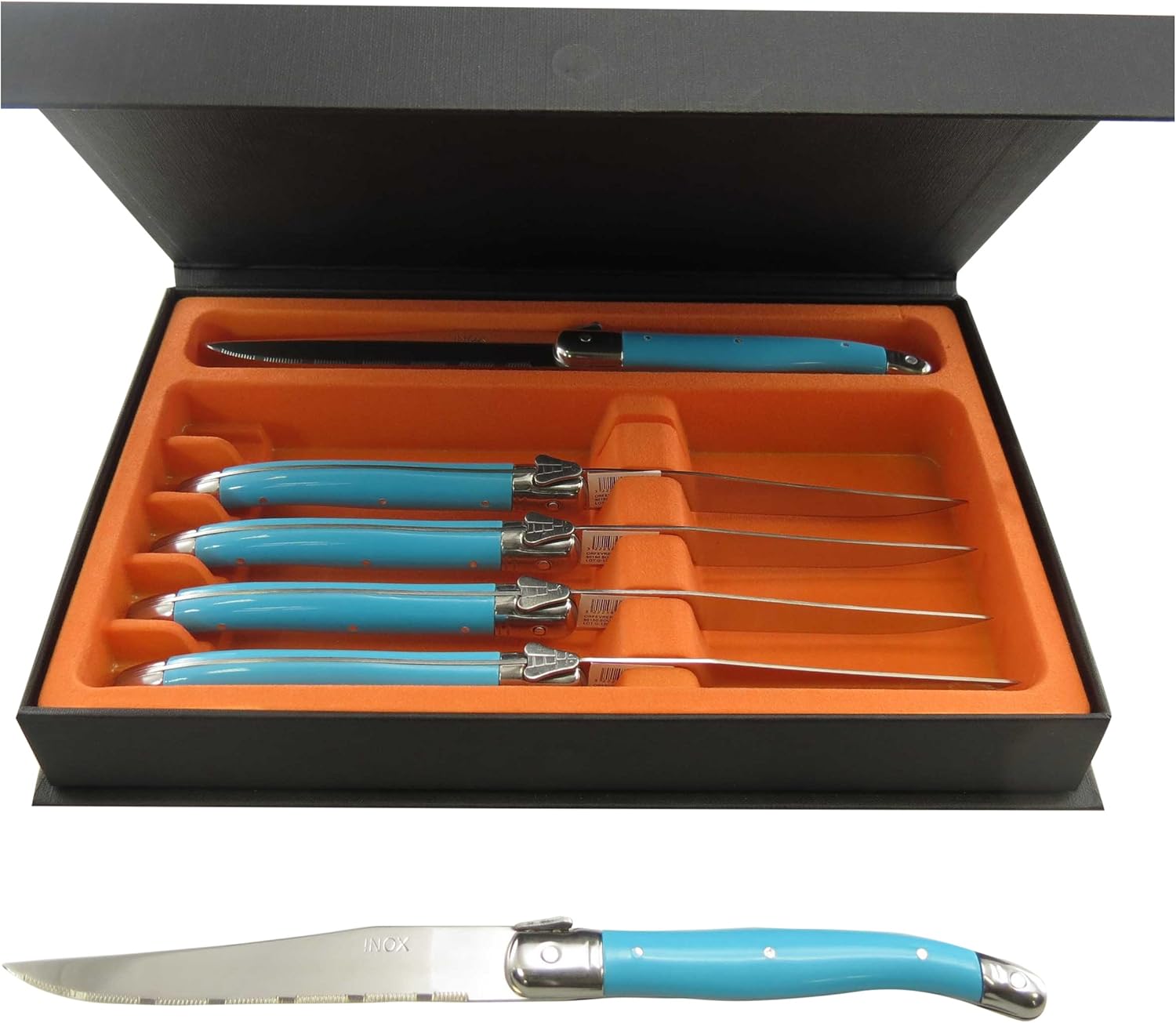 LEBRUN Couverts - Coffret de 6 Couteau Steak Laguiole - Couteaux à Steak de Table pour Tous les Jours - Set en Acier Inoxydable - Boîte Cadeau Élégant, Bleu