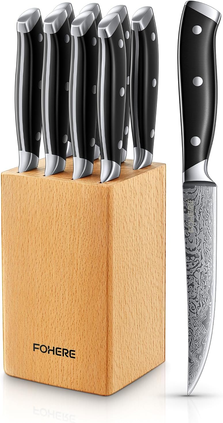 Couteaux à Steak, 8 Pièces Couteaux de Table avec Bloc à Couteaux, Ensemble de Couverts à Steak à Lame Droite Extra Tranchante, avec Motif Damas, Poignée Pleine Soie, Couteaux pour Maison et Cuisine