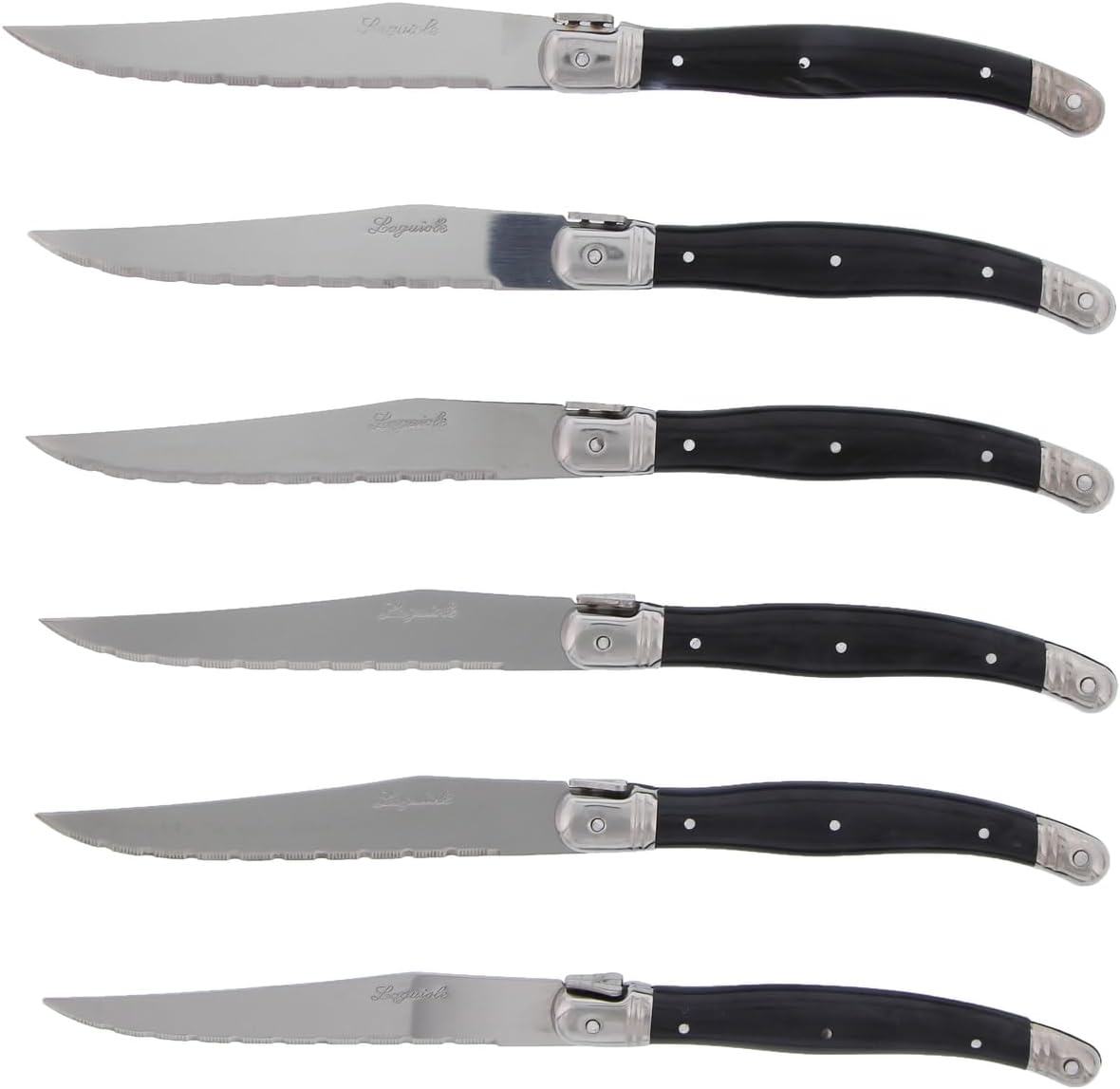 Set 6 Couteaux de Table Laguiole Postiche - Lames Microdentées Acier Inoxydable - Manche ABS Gris Ergonomique - Boîte Transparente Élégante 15,7 x 25,7 x 1,5 cm