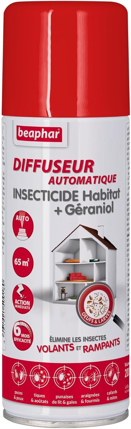 Diffuseur automatique insecticide habitat + Géraniol – Tue les insectes volants, rampants, les œufs et larves – Permet de traiter 70 m² – Action longue durée jusqu'à 6 mois – Flacon 200 ml Zone 65 m2