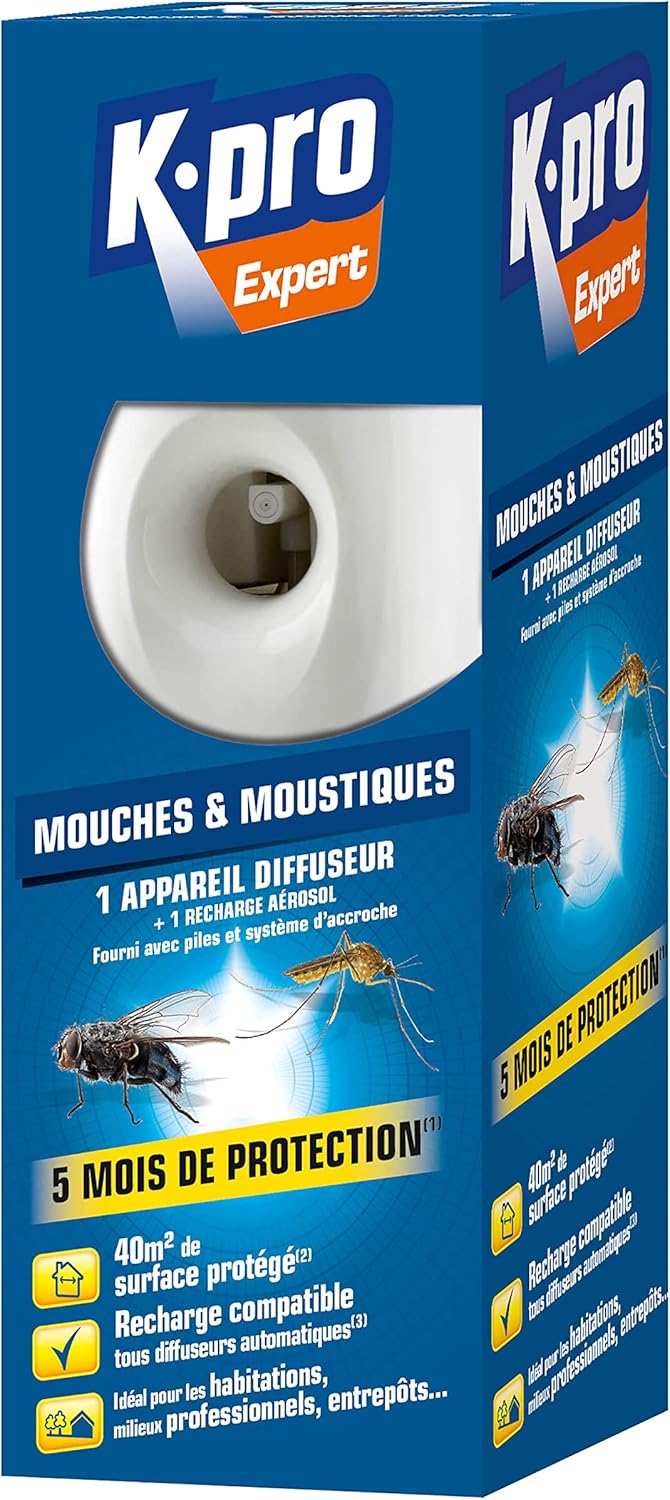K.PRO Expert - Spray Aérosol Anti Mouches et Moustiques - Diffusion Automatique Programmable - Action Rapide - Technique Professionnelle - Protection 5 mois - Pour une surface de 40m2 Spray Aérosol 250ml
