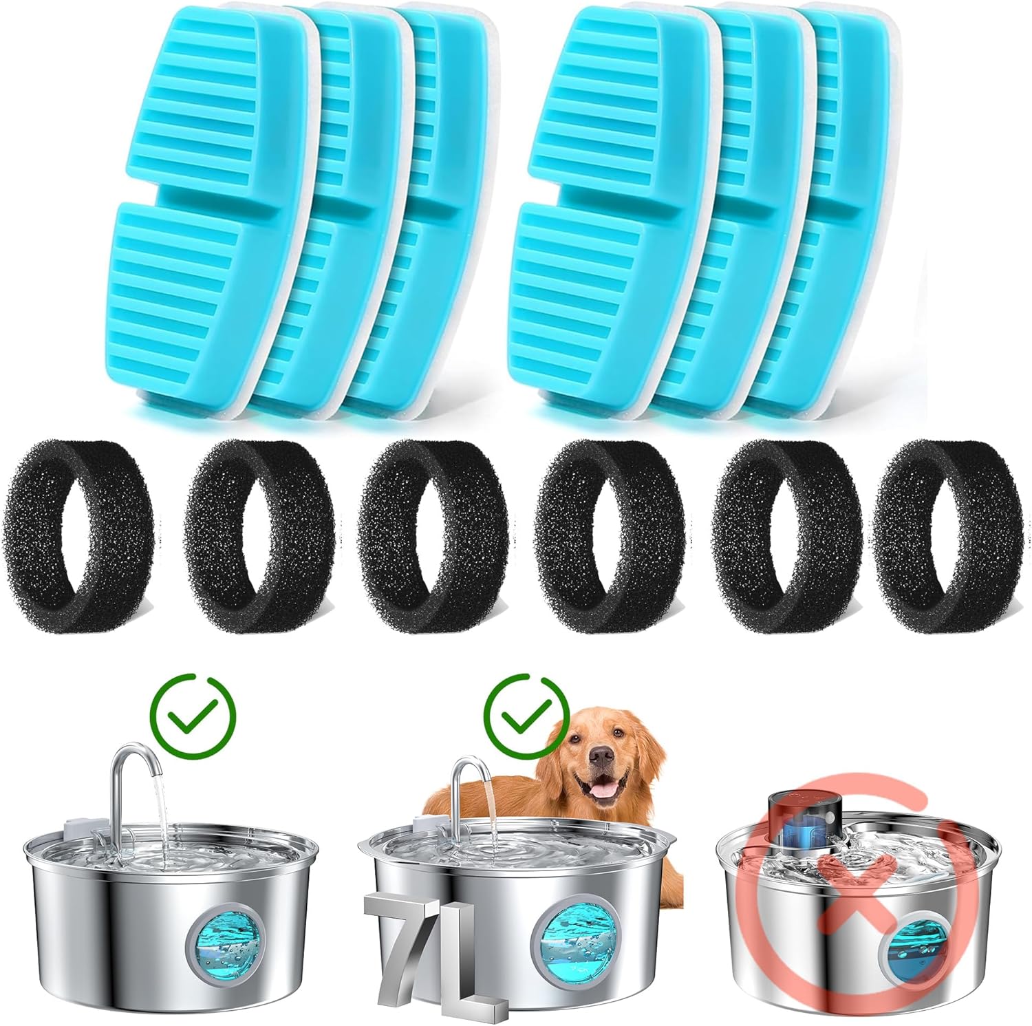 FOFNON 12 Filtres de Fontaine a Eau Chat, 6 Filtres + 6 Éponges de Distributeur Eau Chat, Cheveux Filtrants (Éponges), Triple Filtration (Filtres), Convient pour “B0CL4WMX6Z” & ”B0CLGPCNHN” Remplacement - 6 filtres + 6 éponges