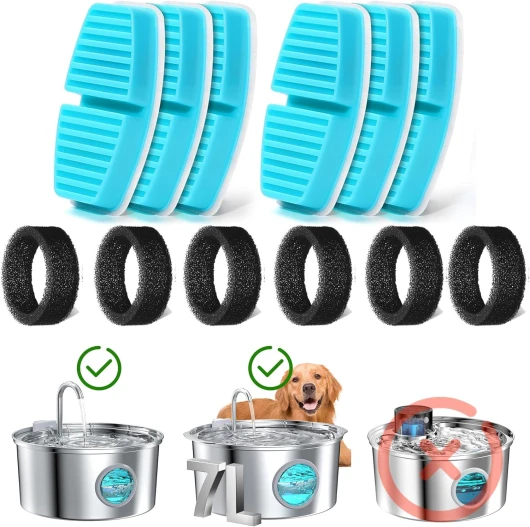 FOFNON 12 Filtres de Fontaine a Eau Chat, 6 Filtres + 6 Éponges de Distributeur Eau Chat, Cheveux Filtrants (Éponges), Triple Filtration (Filtres), Convient pour “B0CL4WMX6Z” & ”B0CLGPCNHN” Remplacement - 6 filtres + 6 éponges
