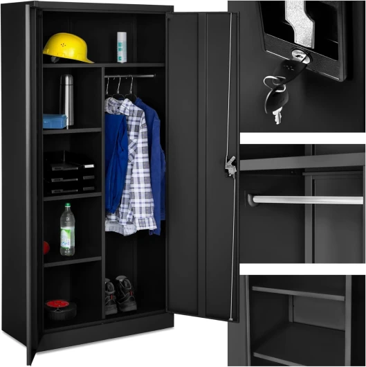 Armoire Casier de Rangement Vestiaire Bureau en Metal 180x80x40cm avec 2 Portes verrouillables, 6 étagères de Rangement, Armoire avec Serrure Mobilier Bureau 80 X 40 X 180 Cm, Noir