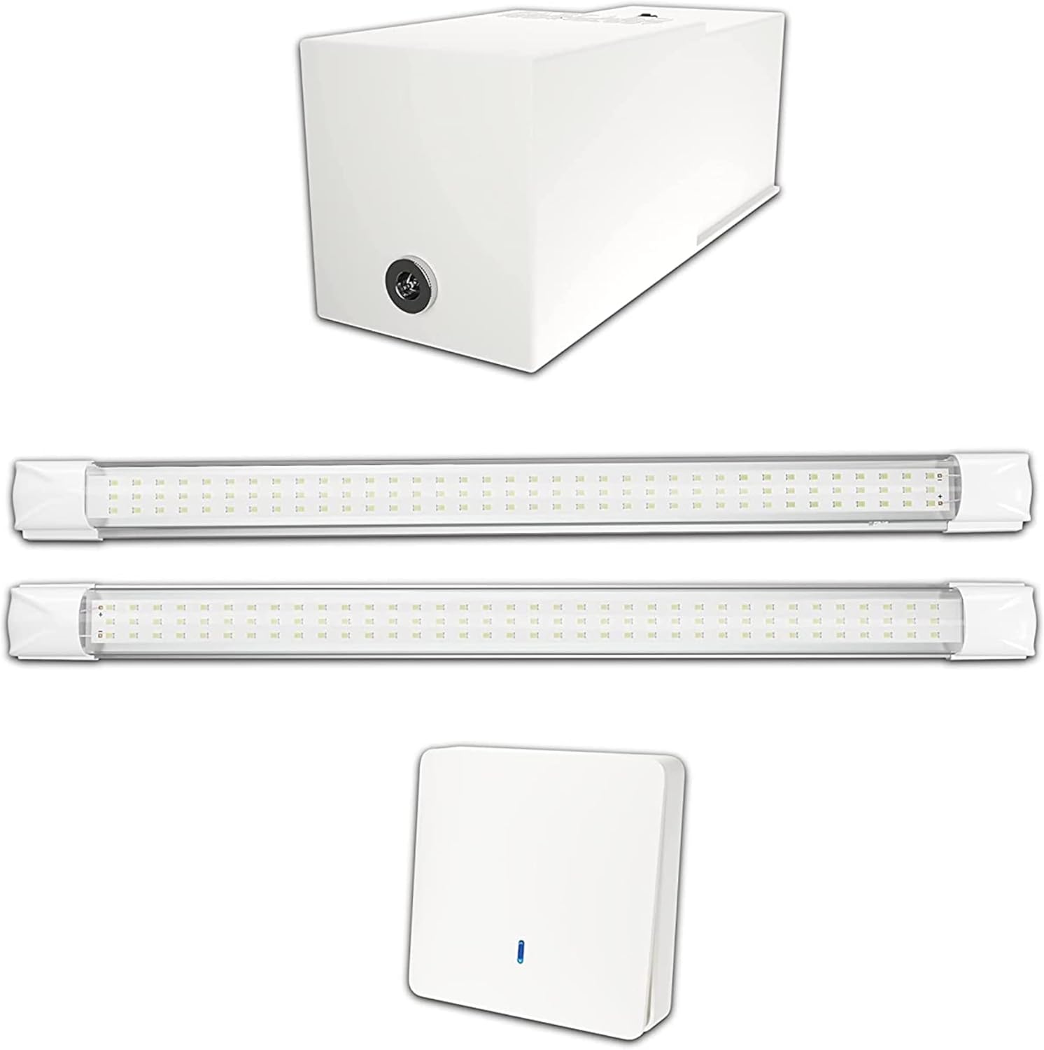 Éclairage led puissant sans fil sur batterie rechargeable pour Garage, Box sous sol, Cave sans électricité - Lampe lumière autonome puissante 2200 lm -Prêt à poser et Sans Travaux - Autonomie 3h30 Kit Interrupteur CONFORT