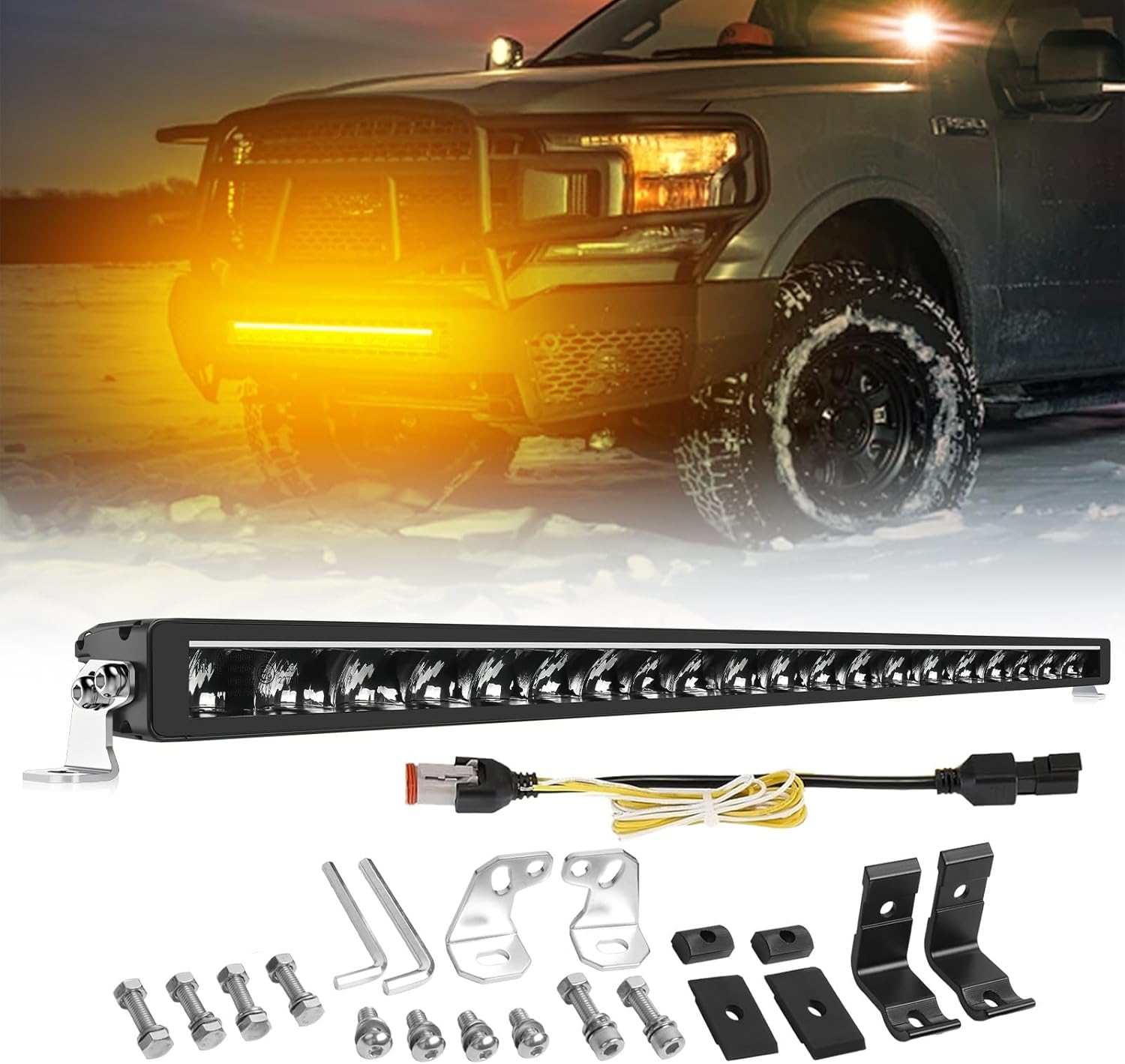 Barre Rampe LED DRL 42" 200W 25000LM Projecteur Longue Portée Homologation ECE 12/24V Phare LED Barre Lumineuse pour Les Véhicules de Tracteurs Agricoles, 4x4 quads, Poids Lourd, Caravanes 40 Pouces