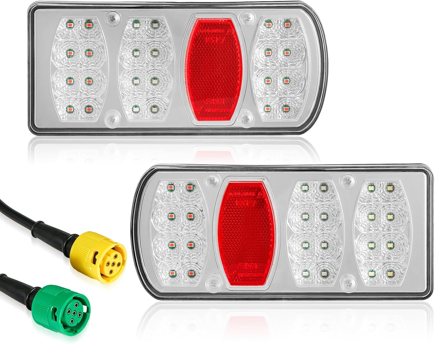 SPARKMOTO 2 Pcs Feux Arriere Remorque Voiture Led 12V 24V Avec Branchement,Éclairage Remorque Led Étanche Inclus Connecteur 5 Broches Vert Jaune, Feu De Remorque à Led Submersible SKTL041(12V/24V-7 Fonctions-LED)