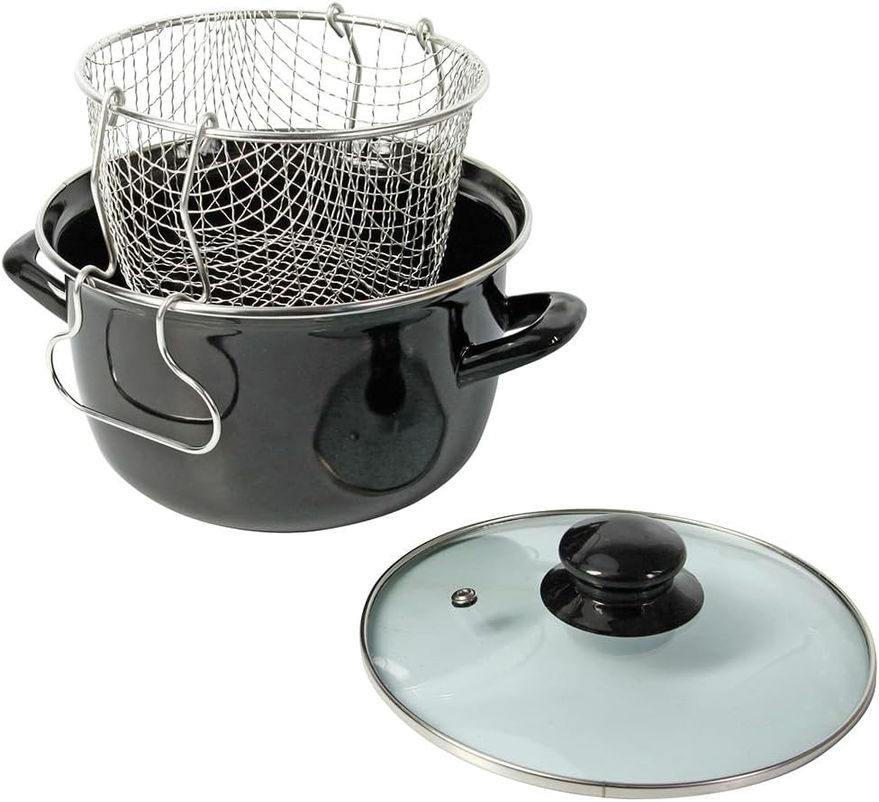 545413 Friteuse traditionelle en Acier Emaillé Noir Ø26 cm - avec panier étamé + couvercle en verre - tous feux dont induction 5.7 Litres