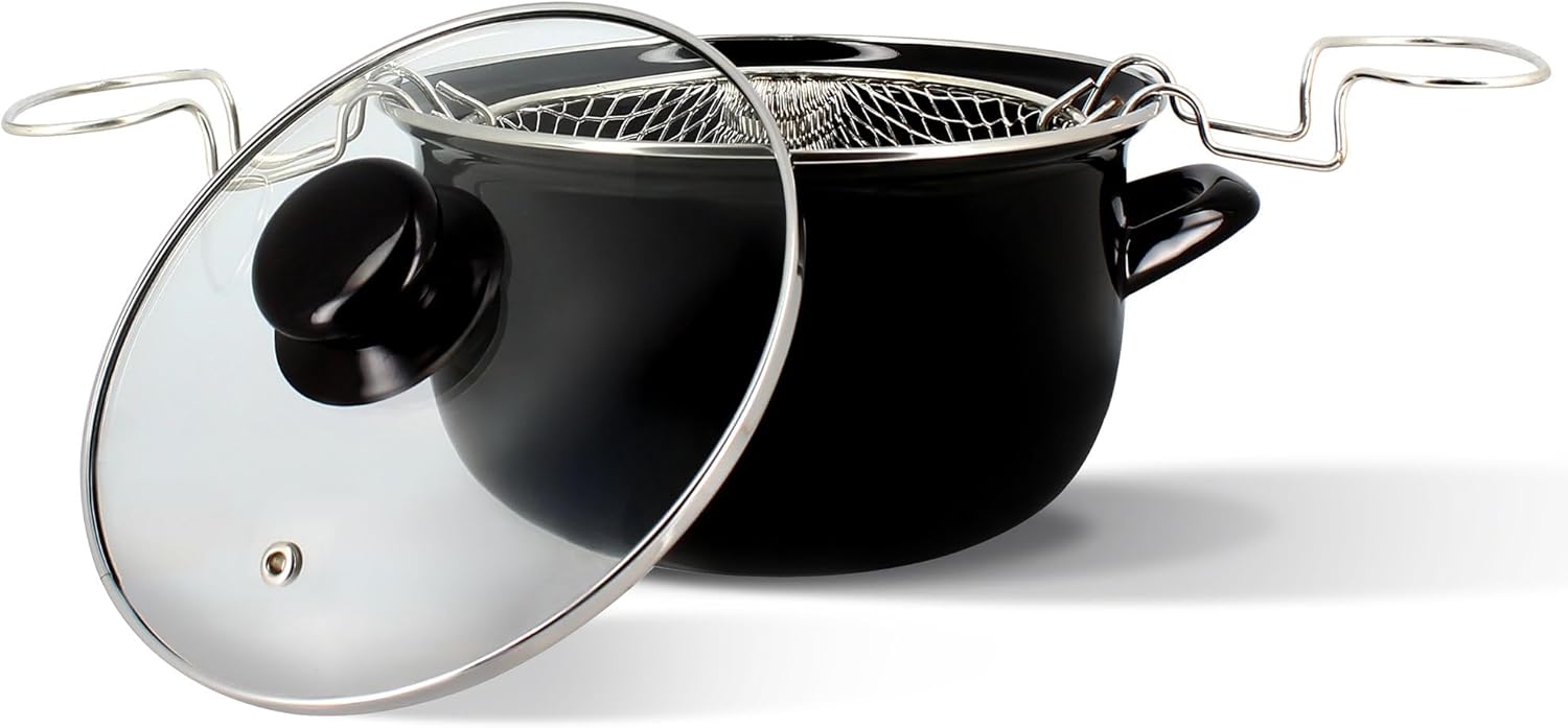 Friteuse 20cm en acier émaillé noir et bord chrome - Fournie avec couvercle et panier, pour des frites maison délicieuses - 3645579