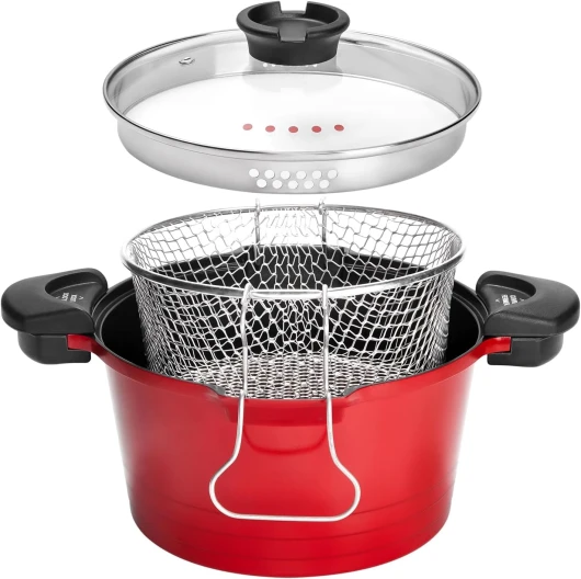 Faitout Marmite Cuiseur à pâtes Revêtement antiadhésif Friteuse avec Panier Tous Feux Dont Induction Rouge 24cm